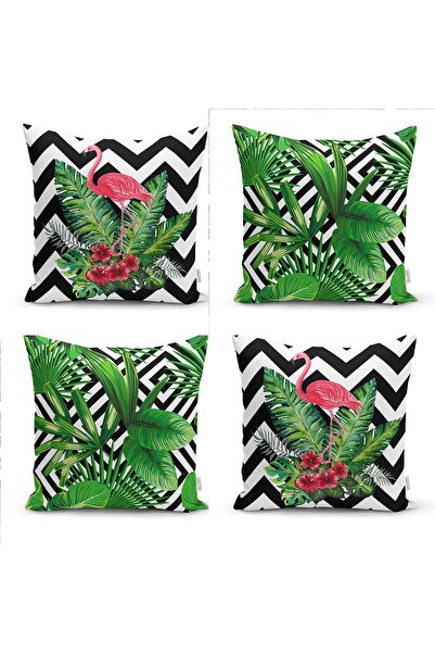 Realhomes غطاء وسادة مكون من 4 قطع بأوراق استوائية وفلامينجو على خطوط هندسية