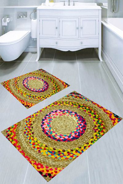 MODANOİVA سجادة حمام منقوشة من الخوص مكونة من قطعتين (50x60 - 60x100)