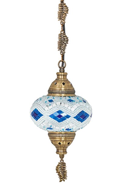 Demmex Mozaik Lamba Osmanlı Otantik Renkli Camlı El Yapımı Boho Sarkıt, Mavi Beyaz