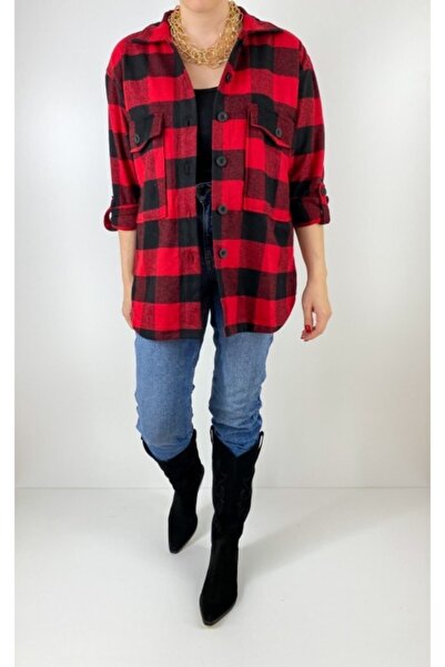 Modaonna Kırmızı Siyah Ekose Gömlek Ceket