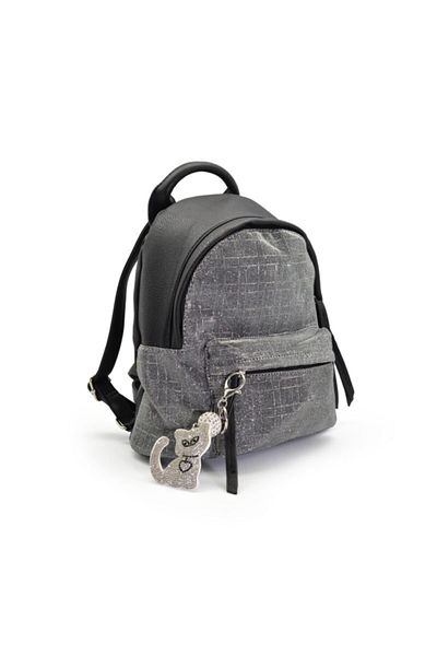 Moda1001 Rucsac de școală și de zi cu zi cu buzunar în față, piele și țesătură cu sclipici - negru