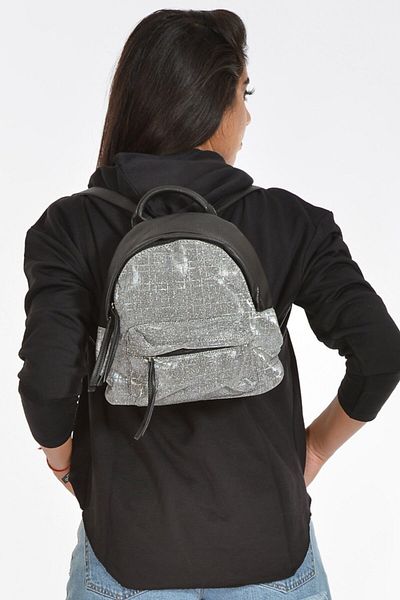 Moda1001 Rucsac de școală și de zi cu zi cu buzunar în față, piele și țesătură cu sclipici - negru
