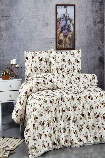MAJESTE Crispy Floral Ranforce Duvet Cover Set Fiore Flower - Cream/burgundy