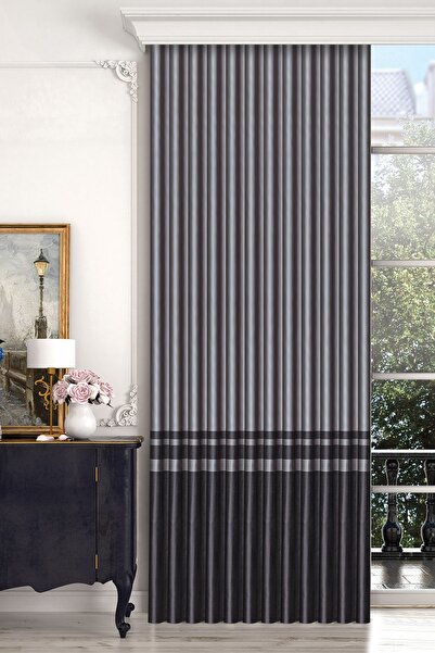 Mürdüm Perde Antrasit Etek Bantlı Modern Saten Fon Perde (EKSTRAFORLU 150 CM)