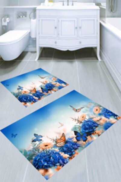 Resmiro Mavi Kelebek Desenli 2li Banyo Paspası (50x60 Cm - 60x100 Cm)