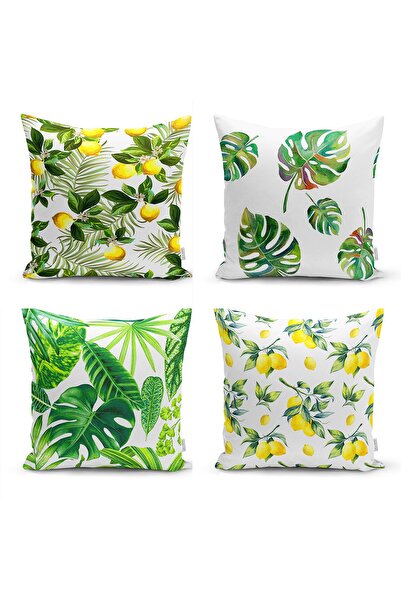 Realhomes Limon Ve Tropikal Yaprak Kombinli 4'lü Yastık Kırlent Kılıfı