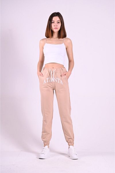 Koza Butik Women's Beige Three Thread Printed Sweatpants with Elastic Legs