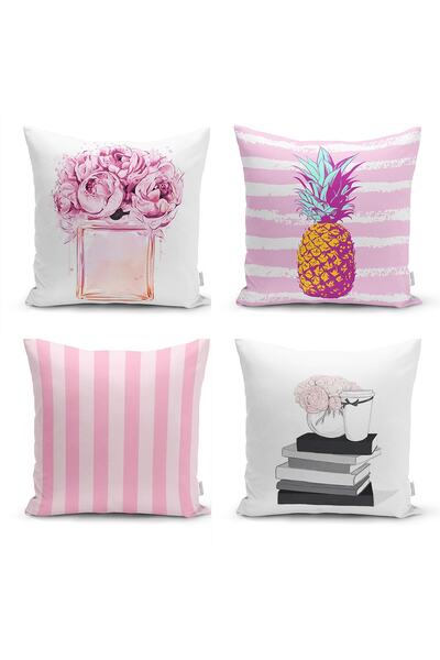 Realhomes Pembe Beyaz Çizgili Konsept Desenli 4'lü Modern Yastık Kırlent Kılıfı