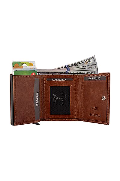 Garbalia Crazy Leather Mechanism Tan Card Holder Money Portfolio