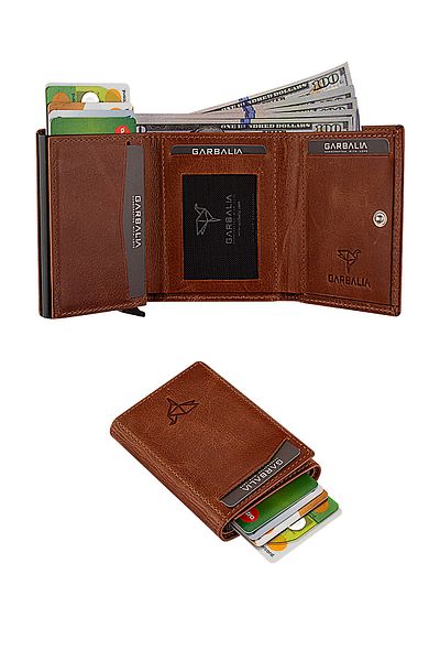 Garbalia Crazy Leather Mechanism Tan Card Holder Money Portfolio