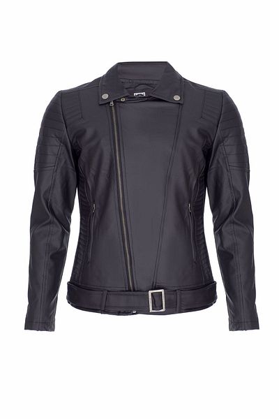Oliggopol Мъжко черно кожено яке Slim Fit с диагонален цип