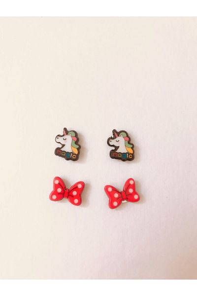 Yeşim Aksesuar Children's Earrings - with Magnets and Horns, Bow Ribbon (2 Pairs)