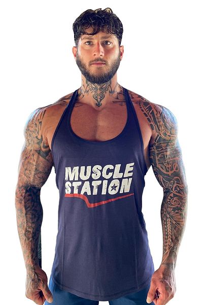 Muscle Station قميص رياضي للياقة البدنية من Musclestation Toughman Tank Workout باللون الأزرق الداكن