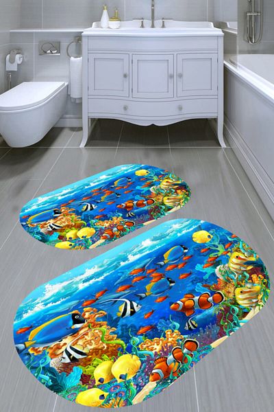 MODANOİVA Colorful Fish Patterned 2-Piece Bath Mat (50x60 - 60x100)