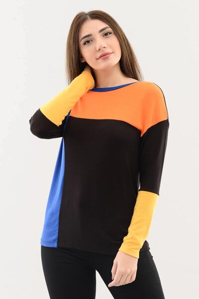 DressFine Bisiklet Yaka Renk Bloklu Uzun Kol Bluz Oranj-saks-siyah-sarı