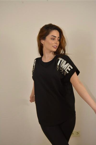 ALYA BUTİK Kadın Siyah Omuz Detay  T Shirt