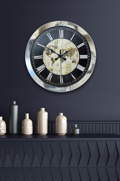 Kasva Concept 36 cm Black Metal World Maps Wall Clock