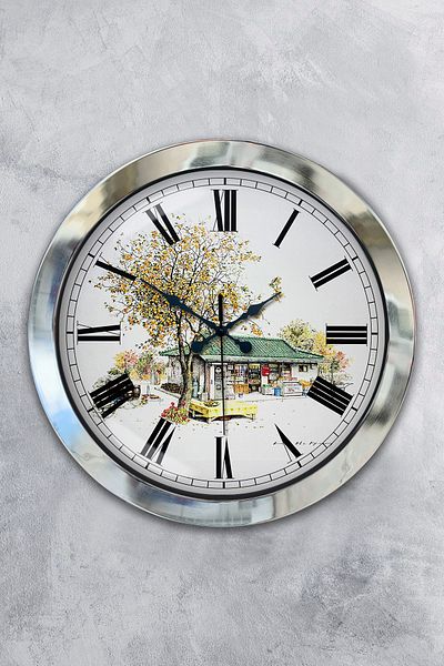 Kasva Concept Gift 36 Cm Chrome Metal Old House Wall Clock