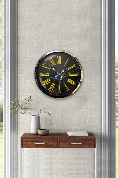 Kasva Concept Cadou 40 Cm Crom Metal Galben Ceas de Perete Numerele Romane