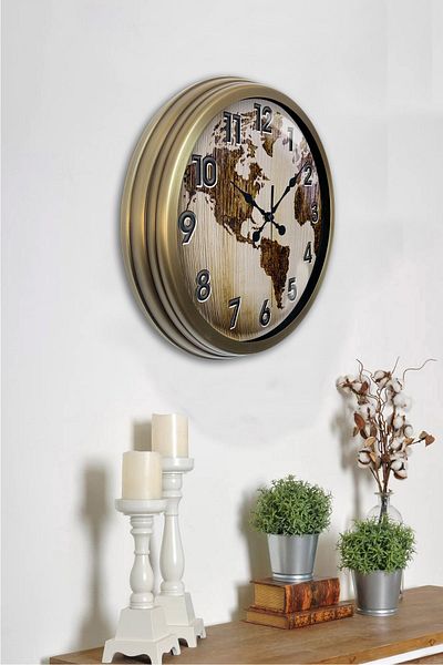 Platin Saat Gift 40 cm Antique Metal Map Wall Clock