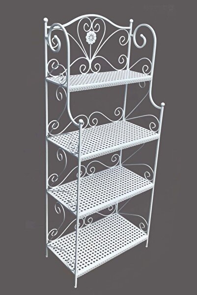 Ferforje Naz tasarım Dekorasyon 4 Katlı İnce Dantel Detaylı Çok Amaçlı Raf Beyaz