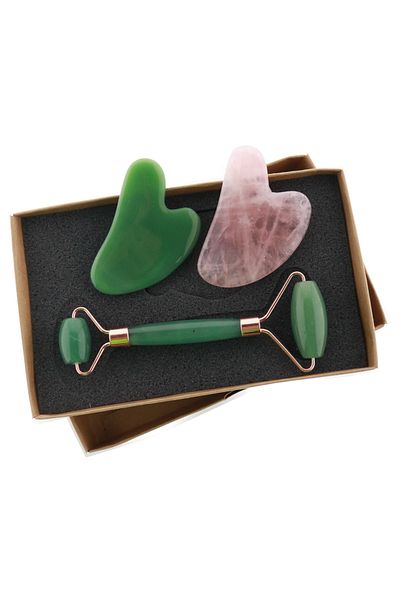 İLTERUS Avetnruin Face Roller, Aventurine Heart Gua Sho and Pink Quartz Heart Gua Sho Massage Stone Set