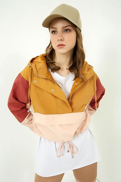 Vis a Vis Beige-Camel Farbblock-Kapuzenmantel für Damen STN584KMO104