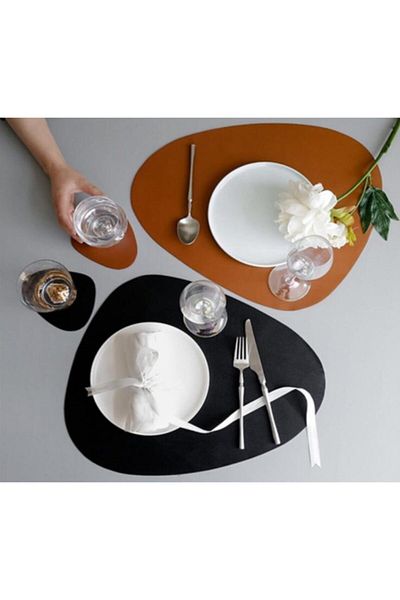 Yumak Dekor Grup 12 Pieces Asymmetrical Tan Leather American Service Supla Placemats for 6 People