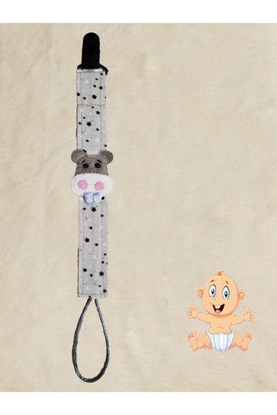 CEBECİ TİCARET Pacifier Strap Chain Set - Pacifier Holder Baby Gift Cotton Fabric 25 Cm Gray Hippopotamus Model