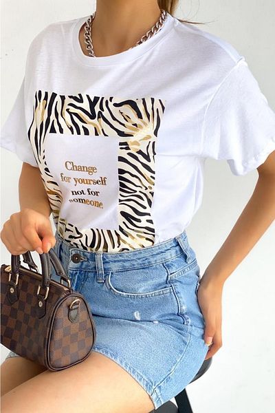 FEMELLE Tricou din bumbac imprimat cu aluminiu cu gât crew
