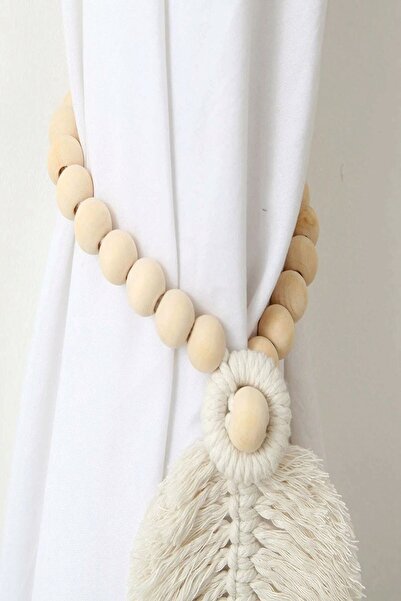 Emtory Home 2 Adet Ekru Curtain Leaf Ahşap Boncuklu Perde Süsü
