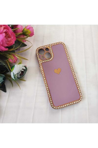 Aksesuarda Moda Iphone 13 Taşlı Kalpli Lazer Silikon Kılıf