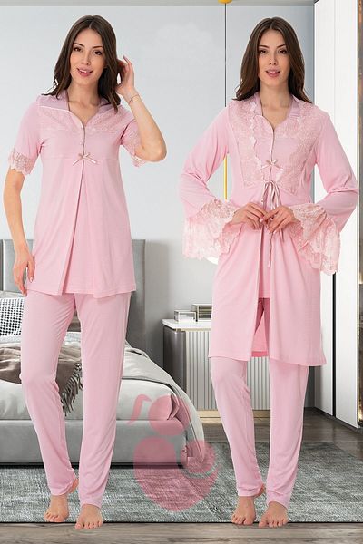 lohusahamile Effortt 9014 Maternity Pajama Set with Lace Detailed Sleeves and Dressing Gown