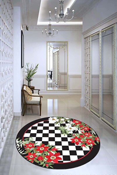 Viva Home Makinede Yıkanabilir Kaymaz Taban Leke Tutmayan Çiçekli Yuvarlak Mu...