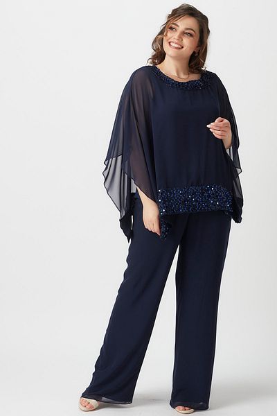 Moda Alba Plus Size Navy Blue Chiffon Trousers - Wide Leg and Elastic Waist