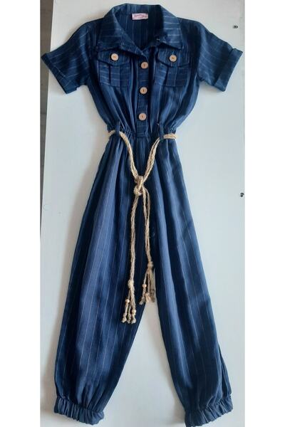 Mavera Lacivert, Çizgili, Düğmeli, Yakalı Tulum