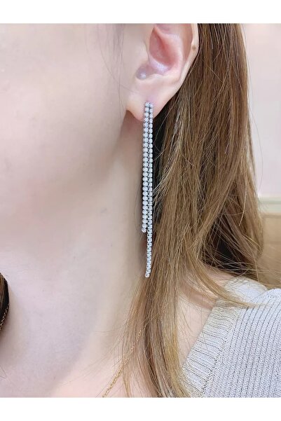 TakıConcept Iki Sıra Taşlı Abiye Su Yolu Küpe 8 Cm