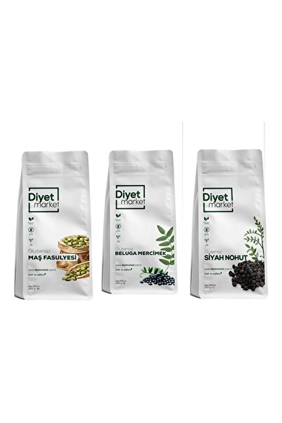 DİYET MARKET Glutensiz Maş Fasulyesi 250gr & Beluga Mercimek 250gr & Siyah Nohut 250gr (avantaj Paket)