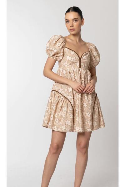 St boutique Çiçek Desen Karpuz Kol Elbise