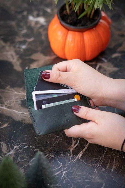 minimal X design Manual Leather Card Holder - Ocean Green - Real Leather & Handmade - Minimalist Design