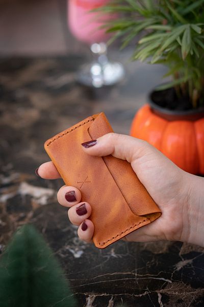 minimal X design Manual Leather Card Holder - Camel - Real Leather & Handmade - Minimalist Design