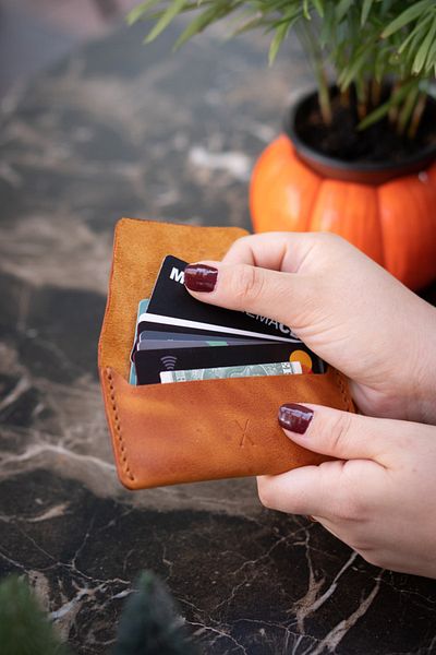 minimal X design Manual Leather Card Holder - Camel - Real Leather & Handmade - Minimalist Design