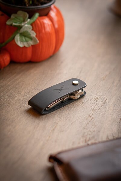 minimal X design Leather Keychain Long 2-3 Key Capacity - Black Crazy - Minimalist Design