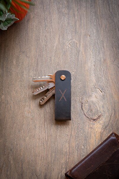 minimal X design Leather Keychain Long 2-3 Key Capacity - Chestnut Crazy - Minimalist Design