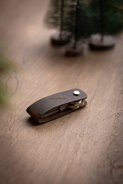 minimal X design Leather Keychain Long 2-3 Key Capacity - Chestnut Crazy - Minimalist Design