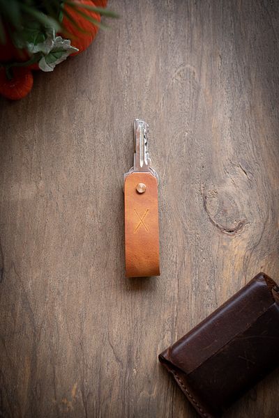 minimal X design Leather Keychain Long 2-3 Key Capacity - Camel - Minimalist Design