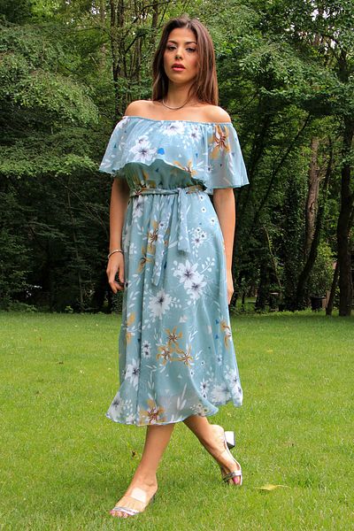 Neşeli Butik Γυναικείο καλοκαιρινό φλοράλ σιφόν φόρεμα με πράσινη μέντα Nb100371