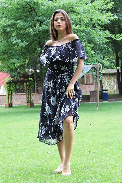 Neşeli Butik Women's Black Belted Floral Summer Chiffon Dress Nb100371