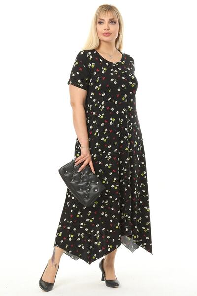 Kuiye Women's Plus Size Patterned Short Sleeve Asymmetric Skirt Dress