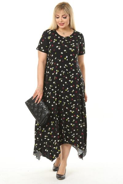 Kuiye Women's Plus Size Patterned Short Sleeve Asymmetric Skirt Dress